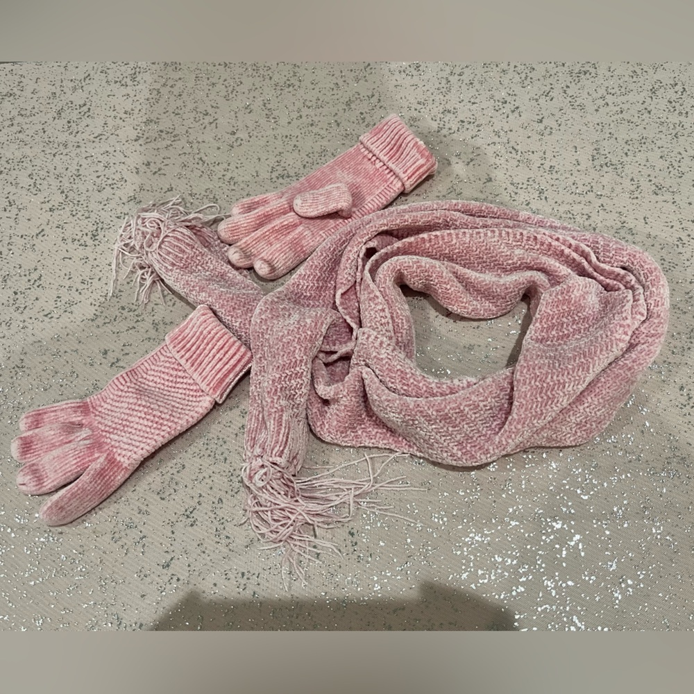 Pink Knit Scarf and Gloves Set